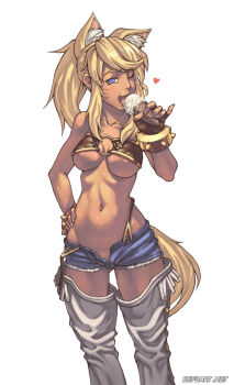 animal_ears blonde_hair blue_eyes bracelet breasts clitoris_slip curvy cutoffs dark_skin denim denim_shorts fangs fingerless_gloves food gloves hand_on_own_hip hip_focus ice_cream jewelry licking liru midriff one_eye_closed pinky_out ponytail pussy pussy_peek renkin_san-kyuu_magical_pokaan shorts speh tail thighhighs underboob unzipped wink wolf_ears wolf_tail