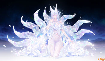 1girl 2026 absurdres animal_ear_fluff animal_ears bare_shoulders breasts chinese_commentary cleavage commentary_request covered_navel dress flower fox_ears fox_girl grey_hair hair_between_eyes hand_up highres jewelry jianshu kitsune kyuubi large_breasts long_hair mountainous_horizon multiple_tails nail_polish necklace night original outdoors parted_lips purple_eyes purple_nails smile solo tail very_long_hair wading white_dress white_flower