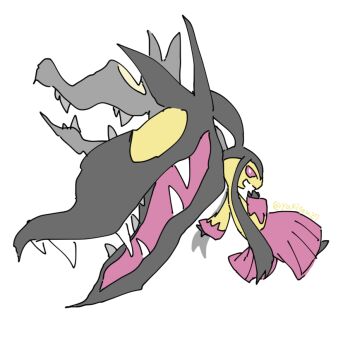 Rule 34 | 1girl, artist request, black skin, closed mouth, colored skin, extra mouth, fangs, full body, gen 3 pokemon, looking at viewer, mawile, multicolored skin, nintendo, pokemon, pokemon (creature), pokemon focus, red eyes, sharp teeth, simple background, smile, solo, teeth, two-tone skin, white background, yellow skin