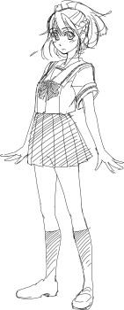 1girl absurdres blush braid chuo_tanegashima_high_school_uniform commentary_request cropped_shirt eibon full_body half_up_braid highres kneehighs loafers looking_at_viewer miniskirt monochrome pleated_skirt robotics;notes sailor_collar school_uniform science_adventure senomiya_akiho shoes short_sleeves simple_background sketch skirt socks solo standing white_background