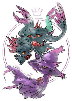 :d beads bwmtk1110 colored_sclera evolutionary_line fang floating flutter_mane full_body gem gen_2_pokemon gen_4_pokemon hat highres looking_at_viewer misdreavus mismagius nintendo no_humans open_mouth pokemon pokemon_(creature) red_eyes red_gemstone red_sclera simple_background skin_fang smile white_background witch_hat yellow_eyes yellow_sclera