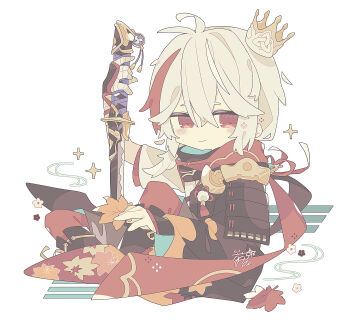 1boy absurdres amenoma_kageuchi_(genshin_impact) antenna_hair arm_up armor asymmetrical_sleeves bandaged_arm bandaged_hand bandages black_coat black_flower black_gloves black_scarf blush brown_shorts closed_mouth coat commentary_request crossed_bangs crown crown_of_insight fingerless_gloves flower genshin_impact gloves hair_between_eyes haori highres holding holding_sword holding_weapon japanese_armor japanese_clothes kaedehara_kazuha kimono knees_up leaf leaf_print long_sleeves looking_at_viewer low_ponytail male_focus maple_leaf maple_leaf_print medium_hair mitsudomoe_(shape) multicolored_hair pantyhose pom_pom_(clothes) ponytail red_eyes red_hair red_pantyhose red_scarf rororoyu scarf short_sleeves shorts shoulder_armor sidelocks signature simple_background single_sode smile smirk sode solo streaked_hair sword tassel tilted_headwear tomoe_(symbol) weapon white_background white_flower white_hair white_kimono wide_sleeves wind