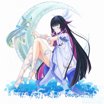 1girl absurdres black_hair closed_eyes closed_mouth colored_inner_hair columbina_(genshin_impact) commentary_request crescent dress feathered_wings full_body genshin_impact gradient_hair hair_ribbon head_wings highres kuuhenki_(genshin_impact) long_hair long_sidelocks multicolored_hair multiple_wings pink_hair ribbon sidelocks smile takane_pato very_long_hair white_background white_dress white_ribbon white_wings wings