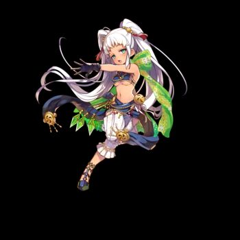 1girl amya_(merc_storia) aqua_eyes black_background black_gloves breasts clothing_cutout crop_top full_body gloves green_scarf highres jitome long_hair medium_breasts merc_storia merc_storia_art_team navel official_art open_hand open_mouth outstretched_arm sandals scarf shorts sidelocks simple_background sleeveless solo standing tachi-e twintails underboob very_long_hair white_hair white_shorts