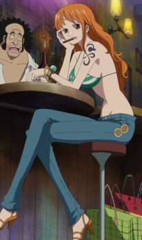 1boy 1girl bangle bar beer_bottle bikini bikini_top_only bracelet brown_eyes cigar cigar_in_mouth denim earrings high_heel_sandals highres jeans jewelry log_pose long_hair nami_(one_piece) nami_(one_piece)_(return_to_sabaody) one_piece orange_hair pants sandals shoulder_tattoo sitting smoking tattoo third-party_edit wooden_wall