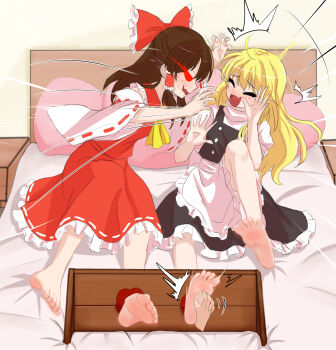 +++ 1054945689 1other 2girls absurdres apron ascot barefoot bed black_skirt black_vest blonde_hair blush bow braid brown_hair chinese_commentary closed_eyes commentary_request detached_sleeves disembodied_hand eye_trail frilled_bow frilled_hair_tubes frilled_skirt frills hair_bow hair_tubes hakurei_reimu highres kirisame_marisa light_trail long_hair missing_headwear multiple_girls on_bed open_mouth puffy_short_sleeves puffy_sleeves red_bow red_eyes red_skirt ribbon-trimmed_skirt ribbon-trimmed_sleeves ribbon_trim short_sleeves side_braid single_braid skirt skirt_set smile soles stocks tickling tickling_feet toes touhou vest waist_apron white_apron white_bow yellow_ascot