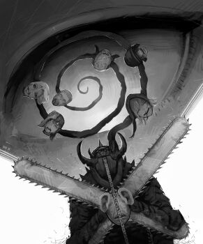 @_@ artist_name black_sclera blood blood_from_mouth bright_pupils chainsaw_devil chainsaw_man character_request check_character colored_sclera crossed_arms death demon_horns dutch_angle faceless faceless_male greyscale hashtag highres horns looking_at_viewer masked monochrome seki_31_(artist) severed_head tagme white_background white_pupils