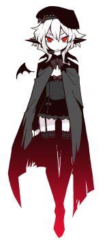 1girl akableak beret black_cloak black_dress black_thighhighs bow cloak dress dress_bow fang fang_out full_body garter_straps gluteal_fold hat high_contrast highres microdress pointy_ears red_eyes short_hair_with_long_locks solo thighhighs tri_fold_tale vampire white_hair