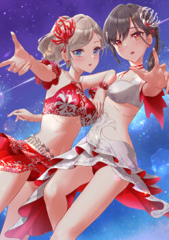 2girls absurdres bikini bikini_skirt blue_eyes blush breasts ceras_yanagida_lilienfeld commentary edel_note flower fusion_crust_(love_live!) grey_hair hair_intakes highres katsuragi_izumi kobassy large_breasts lens_flare link!_like!_love_live! looking_at_viewer love_live! multiple_girls navel non-circular_lens_flare official_alternate_costume open_mouth orange_eyes parted_lips ponytail raised_inner_eyebrows red_bikini red_flower spider_lily star_(sky) starry_sky_background stomach swimsuit white_bikini white_flower white_spider_lily