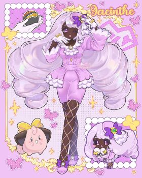 1girl ascot blush blush_stickers bow breasts bug butterfly chibi cleffa dark-skinned_female dark_skin dress fascinator fishnet_pantyhose fishnets footwear_bow frilled_ascot frills gen_2_pokemon glove_bow gloves gold_ring hair_ornament highres holding holding_poke_ball horns insect jacinthe_(pokemon) juliet_sleeves long_hair long_sleeves low_drills lucklessluci luxury_ball medium_breasts mega_stone nintendo one_eye_closed open_mouth pantyhose poke_ball pokemon pokemon_(creature) pokemon_legends:_z-a puffy_sleeves purple_bow purple_dress purple_eyes purple_hair shoes smile star_(symbol) tail very_dark_skin white_gloves yellow_bow