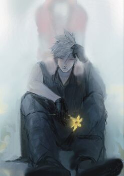 1boy 1girl aerith_gainsborough black_boots black_gloves black_pants black_sleeves black_vest blonde_hair boots canteatea cloud_strife depressed final_fantasy final_fantasy_vii final_fantasy_vii_advent_children flower gloves hair_between_eyes hand_on_own_head hands_on_another&#039;s_shoulders highres holding holding_flower jacket lily_(flower) pants red_jacket short_hair single_bare_shoulder single_sleeve sitting spiked_hair spirit vest yellow_flower