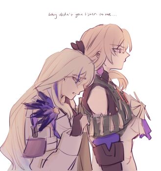 2girls bare_shoulders black_bow black_gloves blonde_hair blue_eyes blue_hair bodystocking bow breasts closed_mouth cocolia_rand commentary dress earrings elbow_gloves english_commentary english_text feathers gloves hair_between_eyes hair_bow hand_up highres honkai:_star_rail honkai_(series) jacket jewelry long_hair long_sleeves looking_afar looking_at_another low_ponytail medium_breasts multicolored_hair multiple_girls partially_fingerless_gloves ponytail purple_eyes purple_feathers serval_landau simple_background single_sidelock sleeveless sleeveless_dress streaked_hair taut_bodystocking teeth twinzie07 upper_body wavy_hair white_background white_dress white_jacket