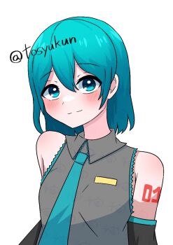 1girl alternate_hair_length alternate_hairstyle aqua_eyes aqua_hair aqua_necktie arm_tattoo bare_shoulders blush closed_mouth collared_shirt commentary_request detached_sleeves eyelashes grey_shirt hair_between_eyes hair_down hatsune_miku medium_hair necktie number_tattoo shirt simple_background smile solo split_mouth tattoo tosyukun upper_body vocaloid white_background