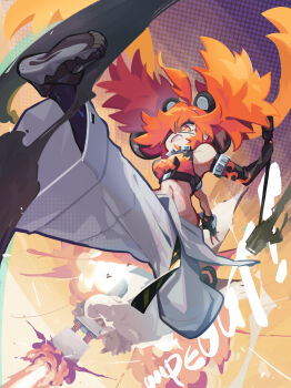 1girl absurdres ahoge animal_ears bare_shoulders bear_ears black_gloves breasts crop_top eyepatch fake_animal_ears fingerless_gloves gloves hair_between_eyes hair_ornament highres holding koleda_belobog long_hair looking_at_viewer midriff navel pants red_eyes red_hair solo sphere_hair_ornament twintails utsu_bon! zenless_zone_zero