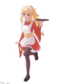 Rule 34 | 1girl, :d, absurdres, apron, arm at side, artist name, black shoes, blonde hair, dated, dress, frilled apron, frills, full body, green eyes, hair between eyes, hand up, high ponytail, highres, holding, holding tray, japanese clothes, kimono, leg up, long hair, long sleeves, looking at viewer, maid, maid headdress, mary janes, ninon (princess connect!), open mouth, pantyhose, ponytail, princess connect!, red dress, red kimono, ruinone, sash, shoes, short kimono, sidelocks, smile, solo, standing, standing on one leg, swept bangs, tray, white apron, white background, wide sleeves, yellow sash