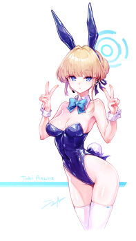 Rule 34 | 1girl, animal ears, aqua bow, aqua bowtie, bare shoulders, blonde hair, blue archive, blue eyes, blue hairband, blue halo, blue leotard, bow, bowtie, breasts, cleavage, commentary, detached collar, double v, earpiece, fake animal ears, fake tail, gogatsu no renkyuu, hair bun, hairband, halo, highleg, highleg leotard, highres, large breasts, leotard, long hair, looking at viewer, official alternate costume, playboy bunny, rabbit ears, rabbit tail, solo, strapless, strapless leotard, tail, thighhighs, toki (blue archive), toki (bunny) (blue archive), untranslatable commentary, v, white thighhighs, white wrist cuffs, wrist cuffs