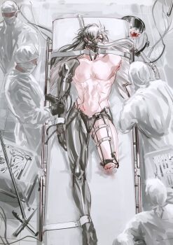 1boy amputee ankle_belt boothill_(honkai:_star_rail) faceless full_body grey_eyes guro hair_over_one_eye hand_on_another&#039;s_arm highres holding_tool honkai:_star_rail honkai_(series) jam8366 long_hair lying male_focus mask mechanical_arms mechanical_legs multicolored_hair multiple_others no_pants on_back operating_table respirator solo_focus split-color_hair surgery table tools topless_male white_hair