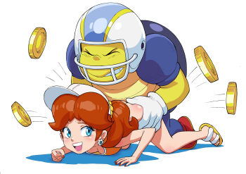 all_fours baseball_cap blue_eyes bottomless brown_hair coin doggystyle earrings flower_earrings football_uniform hat jewelry mario_(series) nintendo open_mouth ponytail princess_daisy sandals sex_from_behind smile sportswear tekuho_no_habo