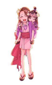 2girls :d ^_^ ace_attorney aged_down bead_necklace beads black_hair black_sandals bracelet breasts brown_hair carrying closed_eyes commentary drooling flower flower_wreath hair_flower hair_ornament hanten_(clothes) jacket japanese_clothes jewelry kimono long_hair magatama magatama_necklace maya_fey mia_fey mole mole_on_breast mouth_drool multiple_girls necklace open_mouth oyoyo_pe piggyback pink_kimono purple_jacket red_sash sandals sash siblings sisters sleeping smile sphere_hair_ornament topknot white_background zouri