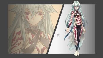 agarest_senki_(series) arm_tattoo bare_shoulders barefoot black_nails blue_hair choker dyshana_(agarest_senki) facial_tattoo fingernails highres long_fingernails non-web_source red_eyes shoulder_tattoo tattoo