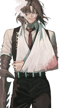 1boy absurdres arm_sling arthropod_limbs bandaged_arm bandages bandaid beard_stubble belt belt_buckle black-framed_eyewear black-framed_glasses black_belt black_pants black_vest blood blood_on_clothes blood_on_face brown_eyes brown_hair buckle cigarette closed_mouth collared_shirt cowboy_shot dirty dirty_clothes dress_shirt facial_hair facing_viewer fingernails gauze gauze_on_face glasses gregor_(project_moon) hair_between_eyes half-closed_eyes highres injury limbus_company long_hair long_sleeves looking_at_viewer low_ponytail male_focus muscular muscular_male necktie official_alternate_costume open_clothes pants parted_bangs parted_lips ponytail project_moon red_necktie sanpaku semi-rimless_eyewear shirt simple_background sleeves_rolled_up smoke smoking solo standing stubble uibou00000 under-rim_eyewear vest white_background white_shirt