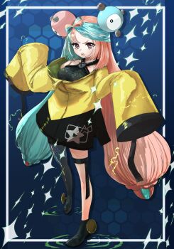 Rule 34 | 1girl, absurdres, aiueo otoko, blue hair, bow-shaped hair, breasts, character hair ornament, collarbone, commentary request, criss-cross halter, fake hair bun, grey pantyhose, hair ornament, halter shirt, halterneck, hexagon print, highres, iono (pokemon), jacket, long hair, medium breasts, multicolored hair, nintendo, open mouth, oversized clothes, pantyhose, pantyhose under shorts, pink hair, pokemon, pokemon sv, sharp teeth, shorts, single leg pantyhose, sleeves past fingers, sleeves past wrists, solo, split-color hair, teeth, v-shaped eyebrows, x (symbol), yellow jacket