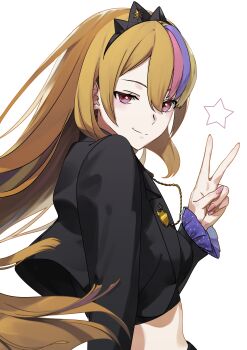 1girl absurdres arm_at_side black_jacket black_tiara brown_hair closed_mouth commentary_request cropped_jacket frilled_sleeves frills from_behind galaco galaco_(black) hair_between_eyes half-closed_eyes hand_up highres jacket long_hair long_sleeves looking_at_another looking_at_viewer midriff multicolored_hair nail_polish open_clothes open_jacket pink_eyes pink_hair pink_nails purple_hair simple_background smile solo star_(symbol) straight_hair streaked_hair tarokazu tiara upper_body v very_long_hair vocaloid white_background wind