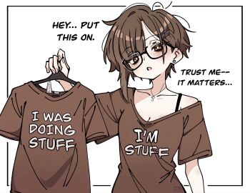 1girl asami-chan black-framed_eyewear breasts bright_pupils brown_eyes brown_hair cleavage collarbone cross cross_necklace earrings english_text freckles highres holding jewelry looking_at_viewer medium_breasts necklace open_mouth original shirt short_hair short_sleeves solo t-shirt upper_body white_background white_pupils