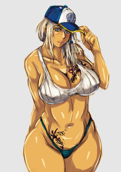 1girl baseball_cap bra breasts cleavage curvy dark-skinned_female dark_skin green_eyes grey_background hand_on_own_hip hat highleg highleg_panties highres large_breasts lips looking_at_viewer low_ponytail panties parted_lips ponytail pubic_tattoo revealing_clothes rinalia_kuo see-through_clothes shiny_skin sideboob simple_background smile solo sou2180 super_robot_wars super_robot_wars_dd sweater tattoo thong twintails underboob underwear wide_hips