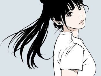 1girl aqua_background black_hair breasts brown_eyes eguchi_hisashi long_hair looking_at_viewer looking_back medium_breasts original piercing pink_lips ponytail shirt short_sleeves simple_background solo upper_body white_shirt