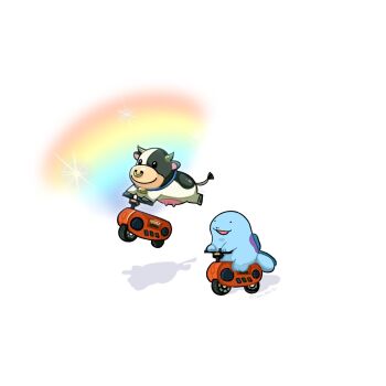 animal bell commentary cow crossover face_piercing gen_2_pokemon highres horns mario_(series) mario_kart mario_kart_world moo_moo_(mario) motor_vehicle motorcycle nintendo no_humans nose_piercing nose_ring on_motorcycle open_mouth piercing pokemon pokemon_(creature) quagsire rainbow simple_background smile sparkle syan_san135 symbol-only_commentary udder wooper