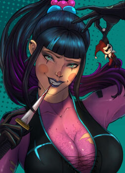 Rule 34 | 1girl, absurdres, anger vein, bad link, batman (series), black dress, black gloves, black hair, blood, bloody weapon, blush stickers, breasts, dc comics, dress, ear piercing, evil smile, gloves, green eyes, grin, hair ornament, halftone, halftone background, harley quinn, highres, holding, holding knife, knife, miinkiing, multicolored hair, o3o, piercing, pout, punchline (dc), smile, torn clothes, two-tone hair, weapon