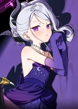 1girl admiralkeyes bare_shoulders bead_necklace beads black_halo black_horns blue_archive blue_gem blush cocktail_dress collarbone commentary demon_girl demon_horns demon_wings dress earrings elbow_gloves formal_clothes gem gloves halo highres hina_(blue_archive) hina_(dress)_(blue_archive) horns jewelry looking_at_viewer low_wings mechanical_halo multicolored_halo multiple_horns narrow_waist necklace official_alternate_costume official_alternate_hairstyle parted_lips pearl_necklace pendant purple_background purple_dress purple_eyes purple_gloves purple_halo purple_wings ringed_eyes solo star_(symbol) star_print strapless strapless_dress two-tone_halo upper_body white_hair wings