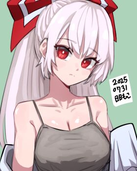 1girl absurdres bow breasts bright_pupils camisole cleavage dated fujiwara_no_mokou green_background grey_camisole grey_hair hair_bow highres medium_breasts neophyte off_shoulder red_bow red_eyes shirt solo spaghetti_strap touhou upper_body white_bow white_pupils white_shirt