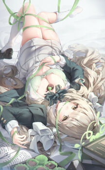 Rule 34 | 1girl, absurdres, black shoes, blonde hair, blue archive, blush, bow, bra, braid, breasts, chocolate, chocolate on body, cleavage, closed mouth, collared shirt, commentary, diagonal-striped bow, food on body, green bow, green bra, green halo, green ribbon, hair bow, hair ribbon, halo, highres, kneehighs, large breasts, looking at viewer, miyo (blue archive), mouth hold, norimori, open clothes, open shirt, ribbon, ribbon in mouth, shirt, shoes, single shoe, skirt, smile, socks, solo, striped bow, underwear, white bow, white ribbon, white shirt, white skirt, white socks, yellow eyes