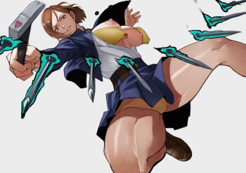 1girl absurdres blue_skirt bow bra breasts breasts_out brown_eyes brown_footwear brown_hair buttons clenched_teeth floating floating_object grey_background hair_between_eyes hammer heart highres holding holding_hammer jujutsu_kaisen kugisaki_nobara nail_(hardware) nipples panties parted_lips pink_lips red_bow skirt solo teeth underwear yellow_bra yellow_panties yoshio_(55level)