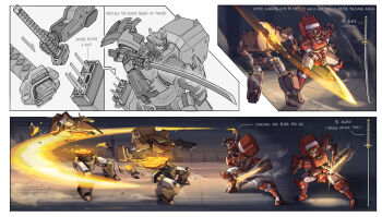 absurdres armor bisected reference_sheet commentary concept_art dynamic_pose electricity english_commentary english_text glowing glowing_weapon helmet highres holding holding_sword holding_weapon iaidou japanese_armor kabuto_(helmet) katana mecha mecha_focus melting original robot scabbard science_fiction sheath shield shoulder_armor slashing sode steam sword weapon zen_(jirakun)