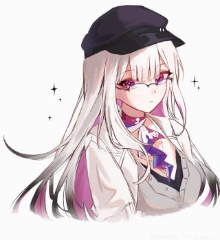 1girl beret blunt_bangs colored_inner_hair commentary_request funafu glasses gradient_hair hat honkai:_star_rail honkai_(series) jacket jewelry long_hair multicolored_hair neckerchief necklace nihilux_(honkai:_star_rail) open_clothes open_jacket pink_eyes purple_eyes shirt symbol-shaped_pupils white_hair