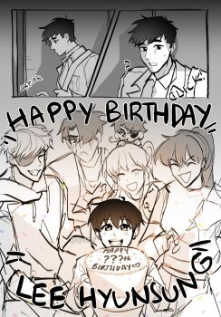 2girls 5boys :d ? areuwuu cake closed_eyes crossed_arms dual_persona english_text eyepatch food happy_birthday high_ponytail highres holding holding_cake holding_food hood hood_down hoodie kim_dokja kim_namwoon lee_hyunsung lee_jihye looking_at_viewer multiple_boys multiple_girls omniscient_reader&#039;s_viewpoint open_mouth partially_colored party_popper ponytail smile sound_effects uriel_(omniscient_reader&#039;s_viewpoint) yoo_joonghyuk