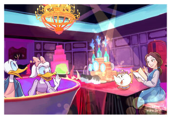 1boy 3girls belle_(disney) bow company_connection couple daisy_duck disneyland donald_duck dress duck_boy duck_girl furry furry_female furry_male furry_with_furry gamorangetana hetero mickey_mouse_&amp;_friends mrs._potts multiple_girls open_mouth pink_bow purple_dress purple_eyes shirt smile takatmaorange translation_request