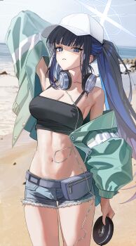 1girl absurdres arm_behind_head arm_up baseball_cap beach belt black_camisole black_hair black_tank_top blue_archive blue_eyes blue_hair blue_halo blush breasts camisole cd_player cleavage colored_inner_hair cross_halo cutoffs day denim denim_shorts fanny_pack grey_shorts halo hat headphones headphones_around_neck highres jacket jacket_partially_removed large_breasts long_hair multicolored_hair navel ocean official_alternate_costume open_clothes open_jacket outdoors ponytail sand saori_(blue_archive) saori_(swimsuit)_(blue_archive) shore shorts sky solo swimsuit tank_top thighs water white_hat y1c6