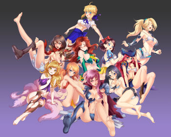 10s 1990s_(style) 6+girls :o ahoge ahri_(league_of_legends) animal_ears armor artoria_pendragon_(fate) ass bare_shoulders barefoot black_eyes black_socks blonde_hair blue_bow blue_eyes blue_ribbon blue_skirt blush boots bow bra breasts broken_armor character_name cleavage closed_eyes collared_shirt covering_breasts covering_privates crop_top crossover defeat dress_shirt embarrassed eyebrows fangs fate/stay_night fate_(series) feet final_fantasy final_fantasy_vii final_fantasy_xiii fox_ears fox_tail frills gradient_background green_eyes grey_eyes hair_between_eyes hair_bow hair_over_breasts hair_ribbon hand_on_own_ass hat hateko_tanuki highres jacket jean_grey large_breasts league_of_legends lightning_farron long_hair long_sleeves low_twintails lying marvel midriff mikasa_ackerman miniskirt miss_fortune_(league_of_legends) multiple_crossover multiple_girls multiple_tails navel neck_ribbon nova_(starcraft) oerba_dia_vanille on_side one_eye_closed outstretched_arms panties pants pantyshot pauldrons pink_hair pirate_hat ponytail puffy_short_sleeves puffy_sleeves purple_eyes red_bow red_hair red_scarf retro_artstyle ribbon saber_(fate) saliva scarf shingeki_no_kyojin shirt shoes short_hair short_sleeves shoulder_armor sideboob single_boot single_shoe single_thighhigh sitting skirt skirt_tug sleeveless snow_white_(disney) snow_white_and_the_seven_dwarfs_(disney) socks soles spread_legs starcraft swept_bangs tail tears thighhighs tifa_lockhart torn_clothes torn_legwear torn_pants torn_scarf torn_shirt torn_skirt turtleneck twintails underboob underwear unworn_armor upskirt white_bra white_panties white_shirt x-men yellow_eyes yellow_skirt