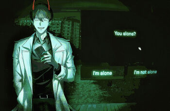 1boy absurdres belt black_hair black_shirt closed_eyes coat collared_shirt cursor dialogue_box dialogue_options english_text facing_viewer glowing green_theme grin hair_between_eyes hand_in_pocket highres holding holding_phone kim_dokja male_focus night no_i&#039;m_not_a_human omniscient_reader&#039;s_viewpoint open_clothes open_coat open_mouth parody phone porch pov shirt short_hair smile solo teeth toupou39 upper_teeth_only white_coat