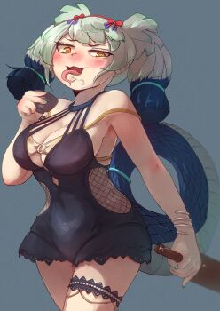 1girl absurdres alcohol blue_hair blush bracelet breasts cleavage cup grey_background grey_hair highres holding holding_cup jewelry kemono_friends large_breasts long_hair looking_at_viewer multicolored_hair okyao one-piece_swimsuit ribbon simple_background snake_girl snake_tail solo swimsuit tail tongue tongue_out twintails two-tone_hair yamata_no_orochi_(kemono_friends) yellow_eyes