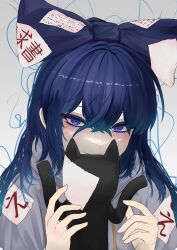 Rule 34 | 1girl, absurdres, blue eyes, blue hair, blush, bow, closed mouth, commentary request, debt, grey background, hair bow, highres, long hair, looking at viewer, simple background, solo, stuffed animal, stuffed cat, stuffed toy, tamateba co, touhou, upper body, yorigami shion