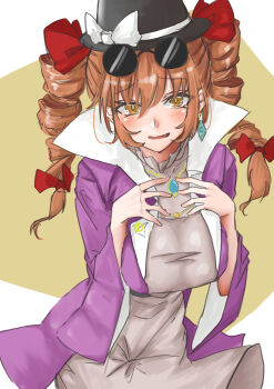 1girl absurdres black_hat bow coat commentary dress drill_hair eyewear_on_head grey_dress hair_bow hat highres jewelry kuraki long_hair long_sleeves looking_at_viewer orange_eyes orange_hair pendant purple_coat red_bow round_eyewear solo sunglasses touhou twin_drills white_dress yorigami_jo'on