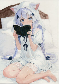 1girl absurdres animal_ears ayane_(ayaneiroaya) barefoot bed blue_eyes blue_hair book cat_ears cat_girl cat_tail ears_through_headwear expressionless highres holding holding_book lace_trim long_hair looking_at_viewer navel nightgown on_bed open_book original painting_(medium) pillow puffy_short_sleeves puffy_sleeves quad_braids see-through_clothes see-through_nightgown short_sleeves sitting tail traditional_media veil watercolor_(medium) white_nightgown white_veil yokozuwari
