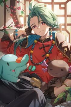 1girl absurdres alternate_costume belt black_pants bracelet bright_pupils closed_mouth commentary_request earrings gen_2_pokemon gloves green_hair hair_between_eyes hand_up highres hongsi jacket jewelry leaf long_hair lying nintendo paldean_wooper pants phanpy pokemon pokemon_(creature) pokemon_sv red_eyes red_jacket rika_(pokemon) smile white_pupils