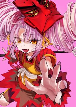 1girl absurdres bare_shoulders bike_shorts black_dress black_shorts black_sleeves detached_sleeves dress drill_hair fang floating_hair hair_ribbon hand_to_weapon highres japanese_clothes kimono kimono_dress long_hair long_sleeves mask mask_on_head microa multicolored_dress onikko_hunter_tsuina-chan open_mouth orange_dress orange_eyes orange_ribbon outstretched_hand parted_bangs pink_background pink_hair pointy_ears polearm reaching reaching_towards_viewer red_dress red_mask red_sleeves ribbon sash shorts simple_background solo spear sweat tsuina-chan twin_drills voiceroid weapon white_sash wide_sleeves