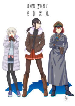 2020 3girls aran_sweater beanie black_gloves black_lagoon blue_eyes bomber_jacket boots brown_gloves brown_hair cable_knit character_request cigarette coat commentary_request copyright_request cowboy_boots creator_connection crossover denim denim_shorts ermina_shaumaher fur_collar gloves hair_ornament hairclip hands_in_pockets hat height_difference highres hiroe_rei jacket long_legs low_ponytail medium_hair meteora_osterreich military multiple_girls new_year pantyhose pantyhose_under_shorts peaked_cap pleated_skirt ponytail re:creators red_hair red_skirt revy_(black_lagoon) short_hair shorts skirt smoking sneaky standing sweater trench_coat turtleneck